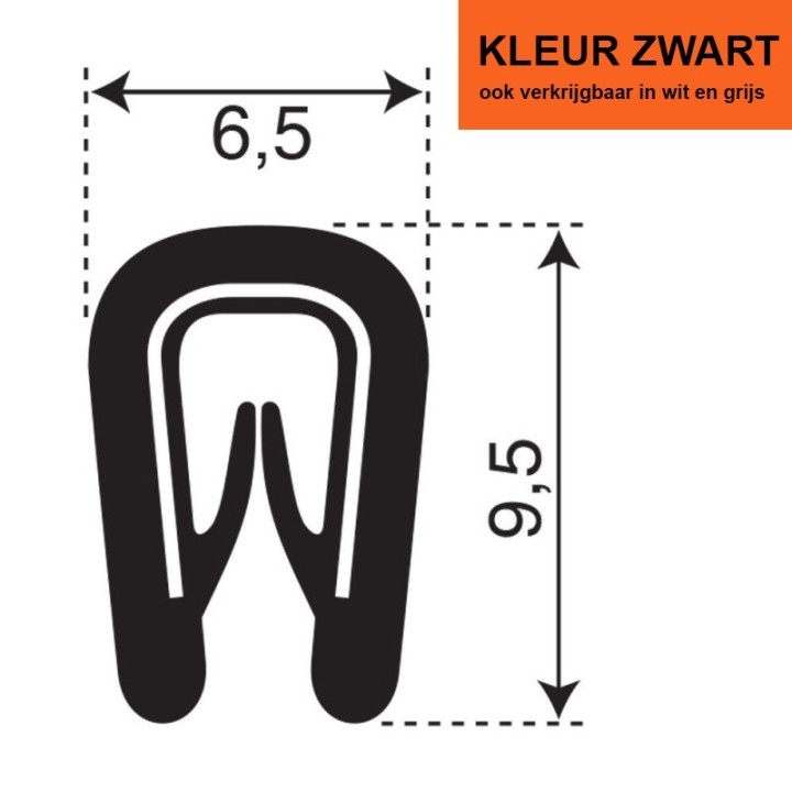 PVC Kantafwerkprofiel (klemprofiel) Zwart breedte 6,5mm hoogte 9,5mm klembereik 0,5-2mm