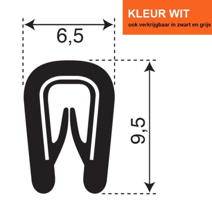 PVC Kantafwerkprofiel (klemprofiel) Wit breedte 6,5mm hoogte 9,5mm klembereik 0,5-2mm
