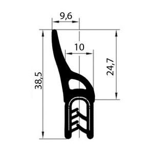 PVC Klemprofiel met mosrubber kraal aan de bovenkant 38.5x24.7mm klembereik 1.5-4mm