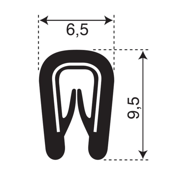 PVC Kantafwerkprofiel (klemprofiel) Zwart breedte 6,5mm hoogte 9,5mm klembereik 0,5-2mm