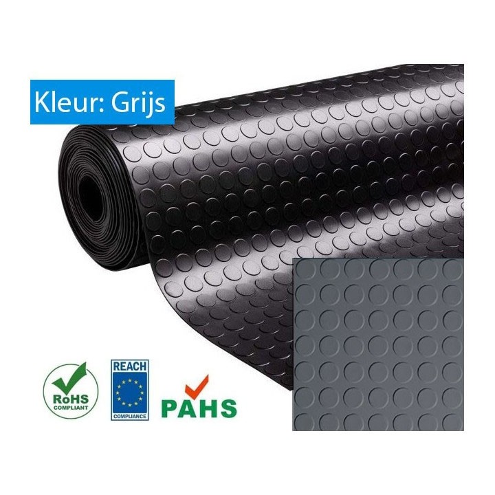 Rubber vloer met noppen profiel grijs 3mm dik 120cm breed Rol lengte 10 meter