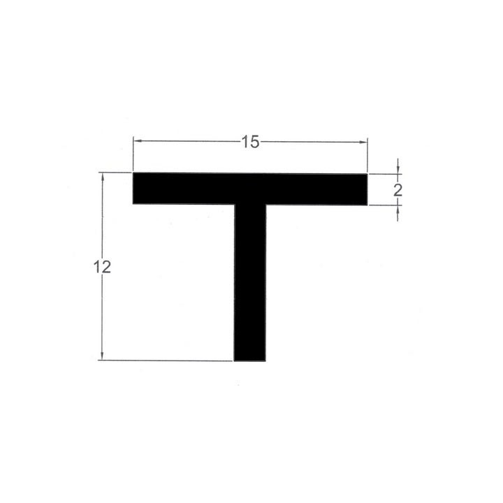 T profiel zwart EPDM rubber 15mm breedte 12mm hoogte 2mm dikte
