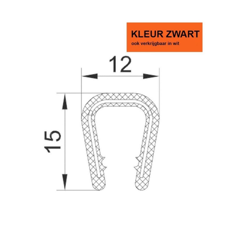PVC klemprofiel met metalen klemband breedte 12mm hoogte 15mm klembereik 6-8mm