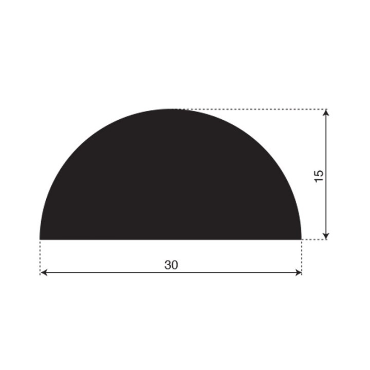 Volrubber EPDM half rond profiel breedte 30mm hoogte 15mm