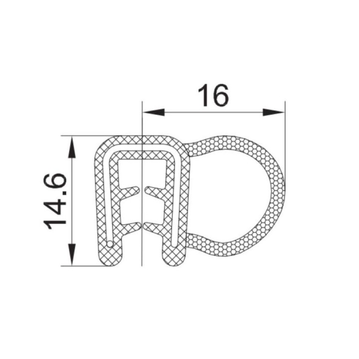 EPDM Rubber Klemprofiel met mosrubber kraal aan de zijkant 14.6x16mm klembereik 1,5-3,0mm