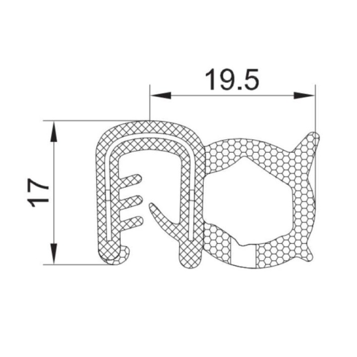 EPDM Rubber klemprofiel met mosrubber kraal aan de zijkant 17x19.5mm klembereik 5,0-6,0mm