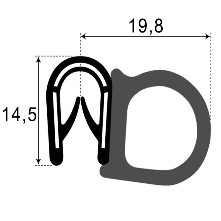 PVC Klemprofiel met mosrubber kraal aan de zijkant 14.5x19.8mm klembereik 1-4mm