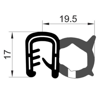 EPDM Rubber klemprofiel met mosrubber kraal aan de zijkant 17x19.5mm klembereik 5,0-6,0mm