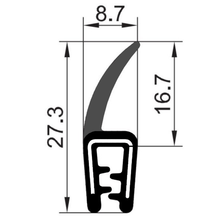 EPDM klemprofiel met mosrubber flap/lip aan de bovenkant 27.3x16.7mm klembereik 1-3mm