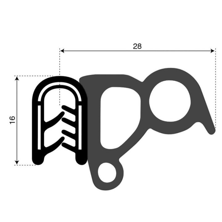 PVC Klemprofiel met mosrubber dubbele kraal aan de zijkant 16x28mm klembereik 2.5-4mm