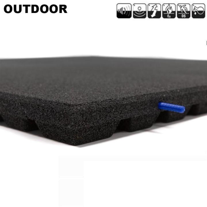 Sportvloer rubber tegel OUTDOOR ZWART incl. Pin/Gat verbinding 100cm x 100cm 4.3cm dik