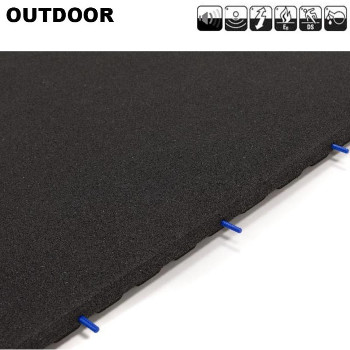 Sportvloer rubber tegel OUTDOOR ZWART incl. Pin/Gat verbinding 100cm x 100cm 4.3cm dik