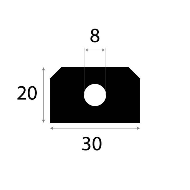 Volrubber luikenpakking 30x20mm Diameter gat 8mm Rol 20 meter of afsnijding
