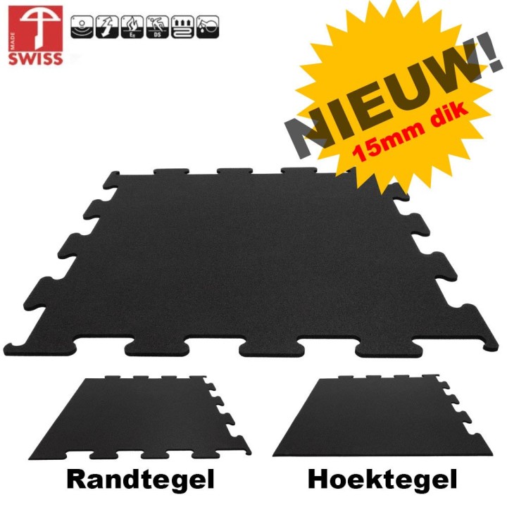 Sportvloer ProfiGym puzzel tegel Pure Black 15mm dik 100cm x 100cm
