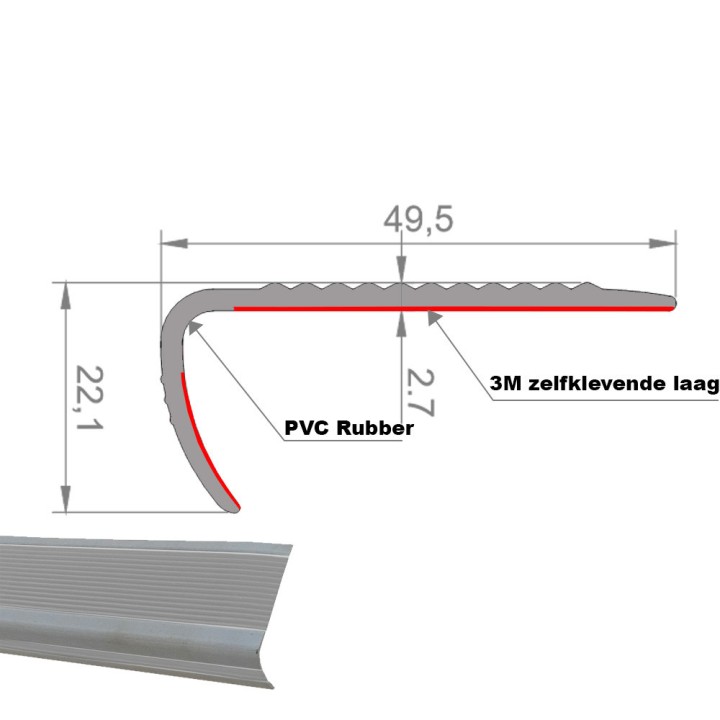 Trapneus profiel (trapprofiel) PVC met zelfklevende laag Grijs Lengte 115cm