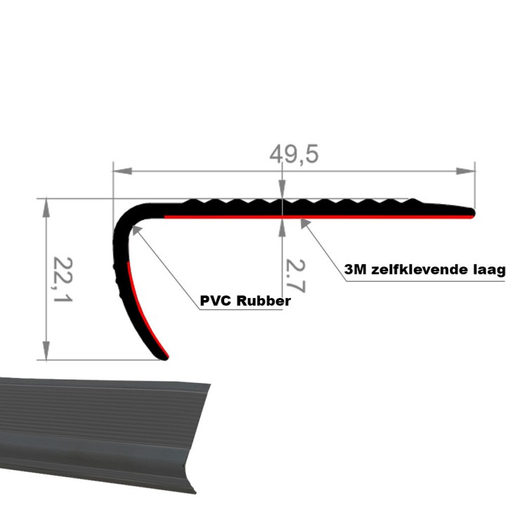 Trapneus profiel (trapprofiel) PVC met zelfklevende laag Zwart - 49,5x22,1mm