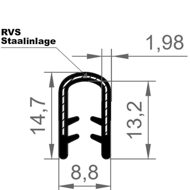 EPDM Kantafwerkprofiel (klemprofiel) Zwart breedte 8.8mm hoogte 14,7mm klembereik 2,5 - 4.5mm