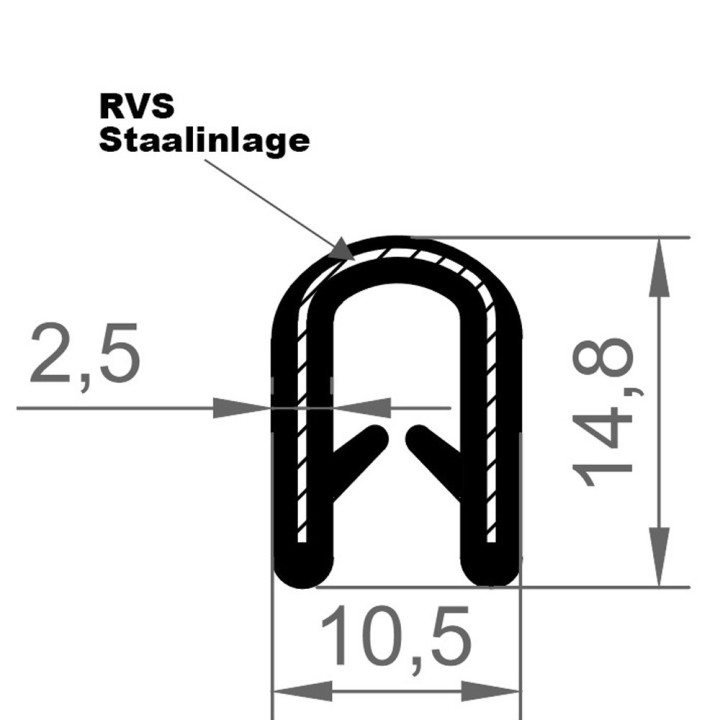 EPDM Kantafwerkprofiel (klemprofiel) Zwart breedte 10.5mm hoogte 14,8mm klembereik 2,5 - 4,5mm