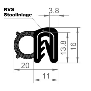 EPDM Klemprofiel met mosrubber kraal aan de zijkant 16x20mm klembereik 1,0-3,0mm