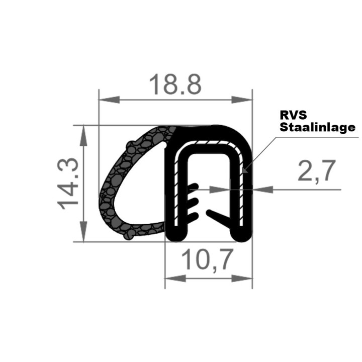 EPDM Klemprofiel met mosrubber kraal aan de zijkant 18.8x14.3mm klembereik 1,0-3,0mm