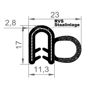 EPDM Rubber klemprofiel met mosrubber kraal 23x17mm klembereik 2.5-4mm