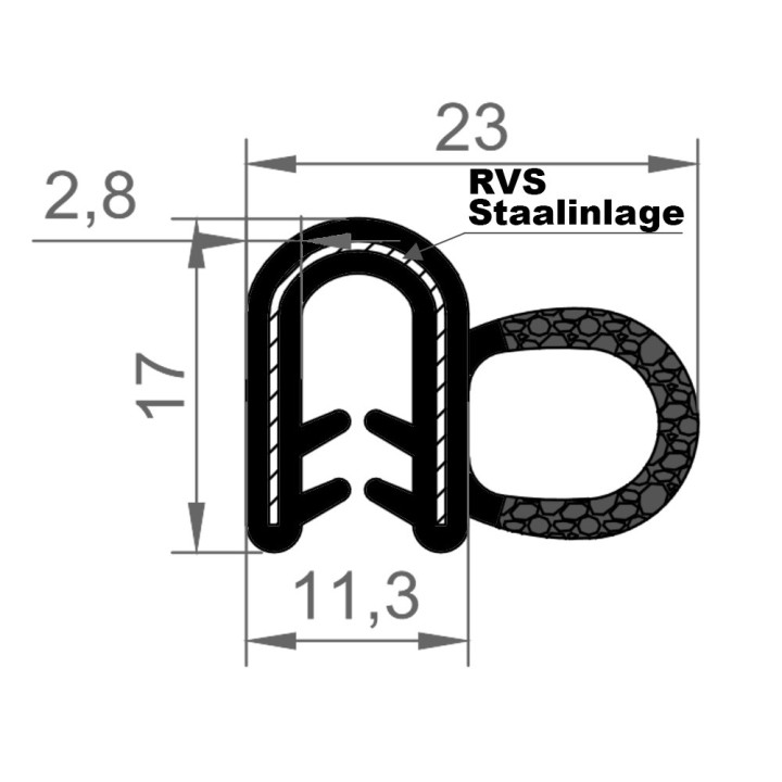 EPDM Rubber klemprofiel met mosrubber kraal 23x17mm klembereik 2.5-4mm