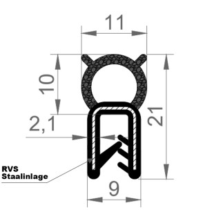 Volrubber EPDM klemprofiel met kraal boven 15,6x8,4mm klembereik 1-4mm
