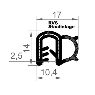 EPDM Rubber klemprofiel met mosrubber kraal aan de zijkant 14x17mm klembereik 1.5-3mm