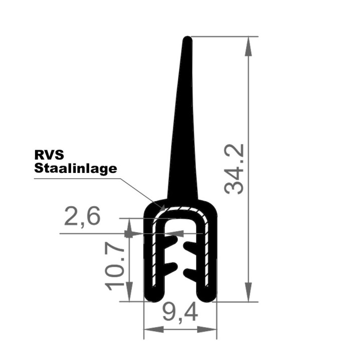 EPDM Rubber klemprofiel met metalen klemband 34.2x9.4mm klembereik 1-2.5mm