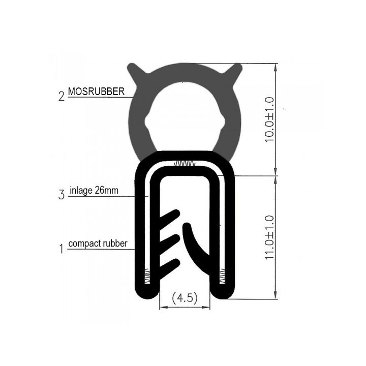 EPDM Rubber klemprofiel met mosrubber kraal aan de bovenzijde. 22x12.8mm klembereik 0.8-3mm