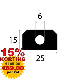 Volrubber luikenpakking 25x15mm Diameter gat 6mm Rol 20 meter of afsnijding