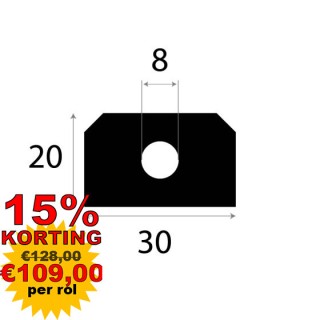 Volrubber luikenpakking 30x20mm Diameter gat 8mm Rol 20 meter of afsnijding