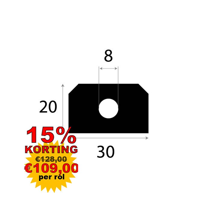 Volrubber luikenpakking 30x20mm Diameter gat 8mm Rol 20 meter of afsnijding
