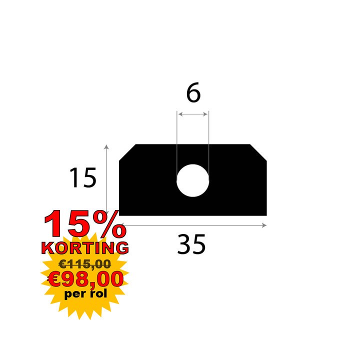 Volrubber luikenpakking 35x15mm Diameter gat 6mm Rol 20 meter of afsnijding