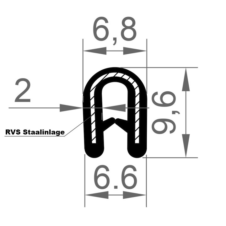 PVC Kantafwerkprofiel (klemprofiel) Zwart breedte 6,6mm hoogte 9,6mm klembereik 0,5 - 2,5mm