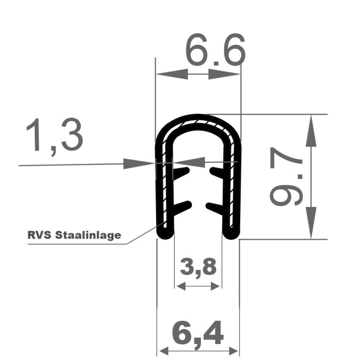 PVC Kantafwerkprofiel (klemprofiel) Zwart breedte 6,4mm hoogte 9,7mm klembereik 0,5 - 2mm