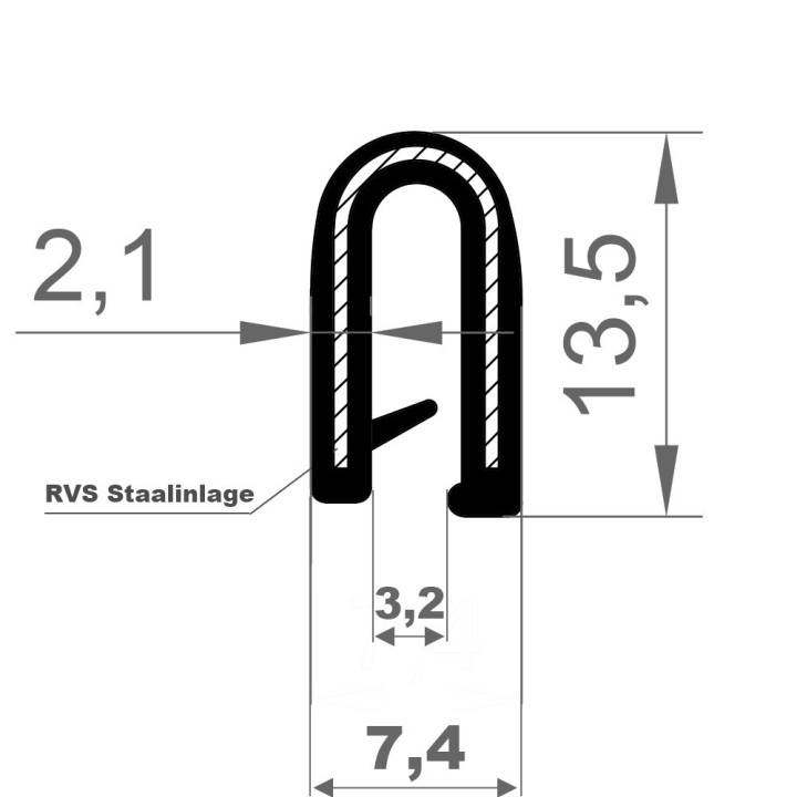 PVC Kantafwerkprofiel (klemprofiel) Zwart breedte 7,4mm hoogte 13,5mm klembereik 1 - 3mm