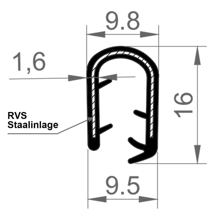 PVC Kantafwerkprofiel (klemprofiel) Zwart breedte 9.8mm hoogte 16mm klembereik 3 - 5mm