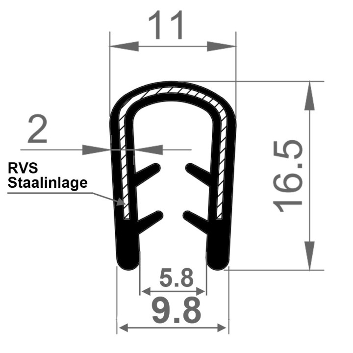 PVC Kantafwerkprofiel (klemprofiel) Zwart breedte 11mm hoogte 16.5mm klembereik 3 - 5.8mm