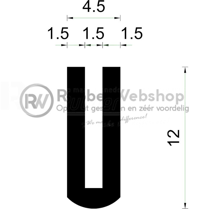 Volrubber U Profiel binnenmaat 1,5mm hoogte 12mm dikte 1,5mm