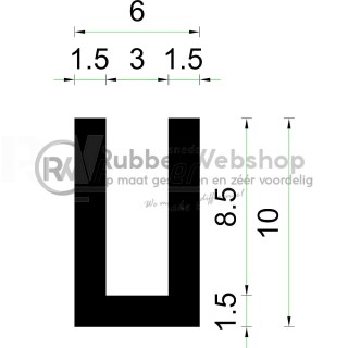 Volrubber U Profiel binnenmaat 3mm hoogte 10mm dikte 1,5mm