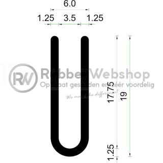 Volrubber U Profiel binnenmaat 3,5mm hoogte 19mm dikte 1,25mm
