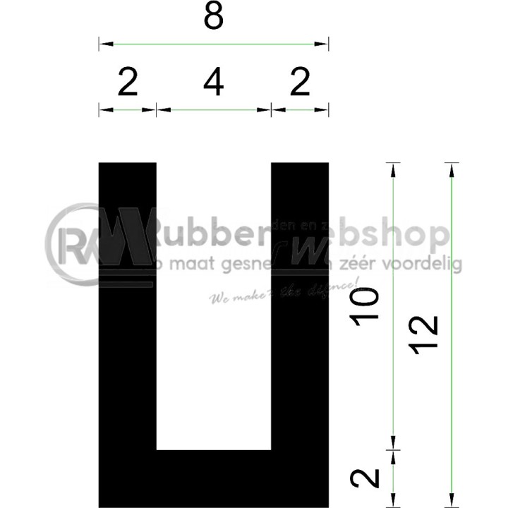 Volrubber U Profiel binnenmaat 4mm hoogte 12mm dikte 2mm
