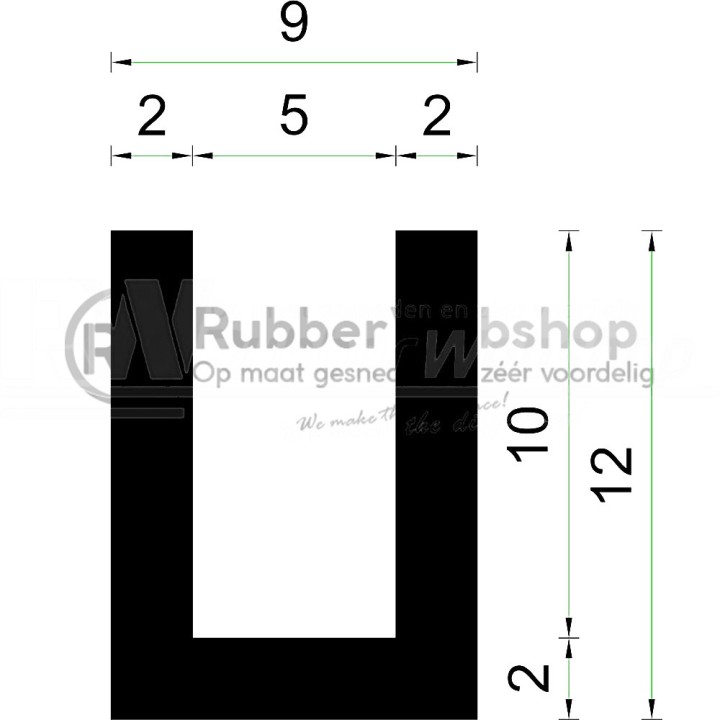 Volrubber U Profiel binnenmaat 5mm hoogte 12mm dikte 2mm
