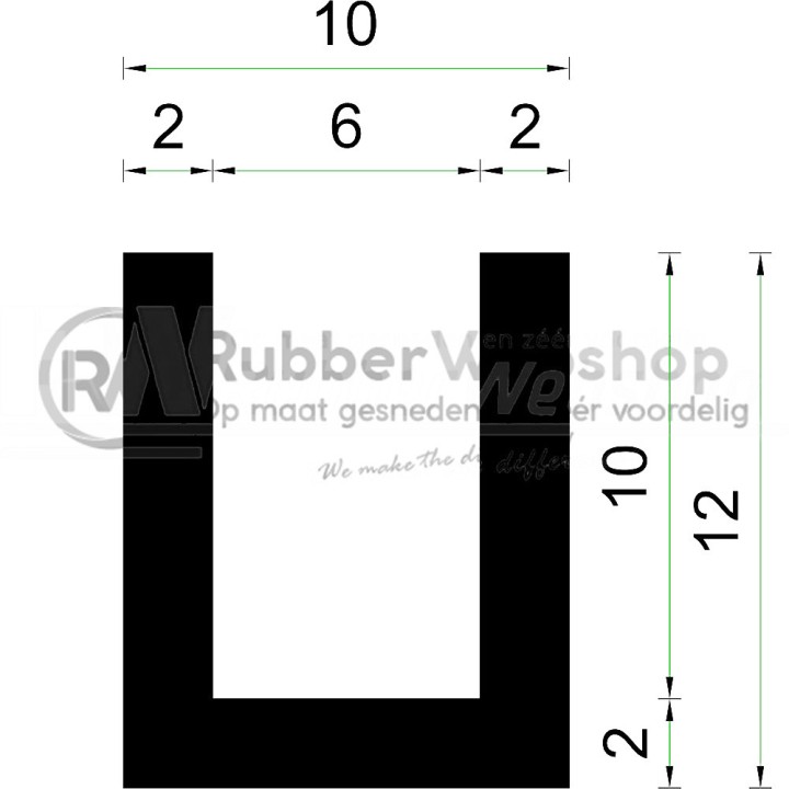Volrubber U Profiel binnenmaat 6mm hoogte 12mm dikte 2mm
