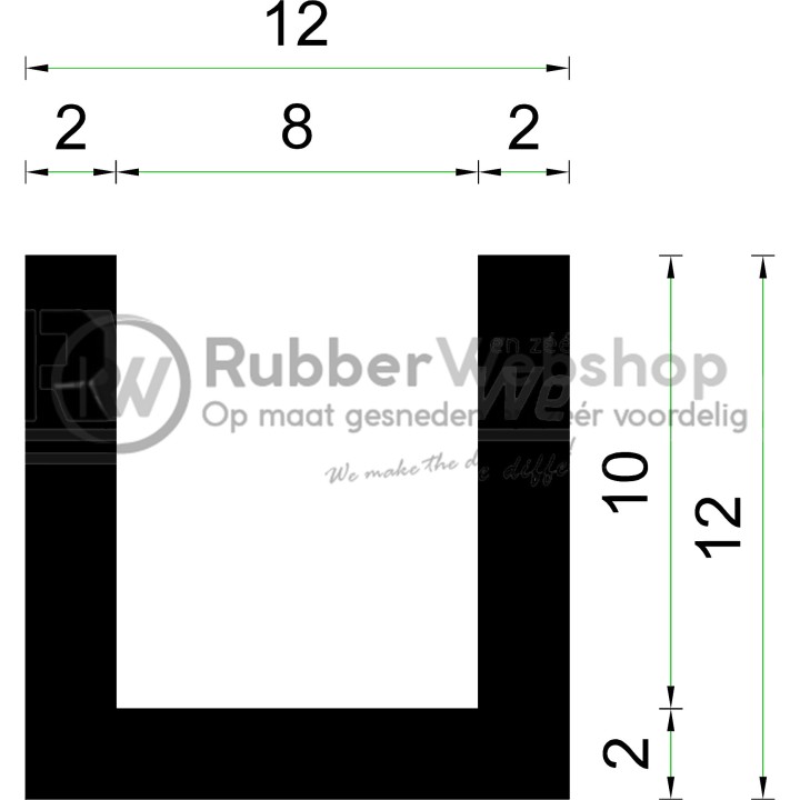 Volrubber U Profiel binnenmaat 8mm hoogte 12mm dikte 2mm