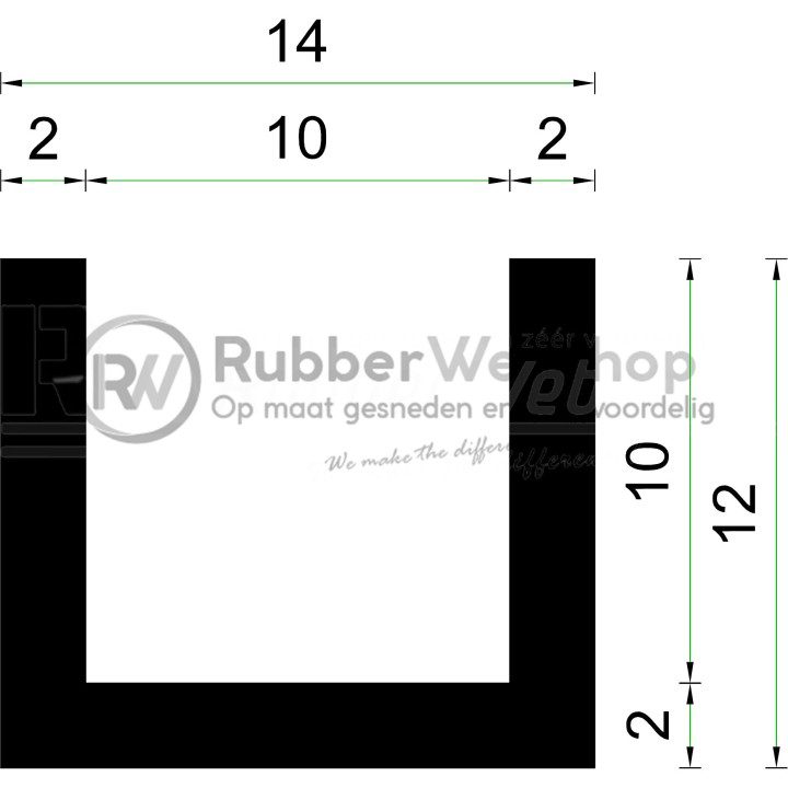 Volrubber U Profiel binnenmaat 10mm hoogte 12mm dikte 2mm