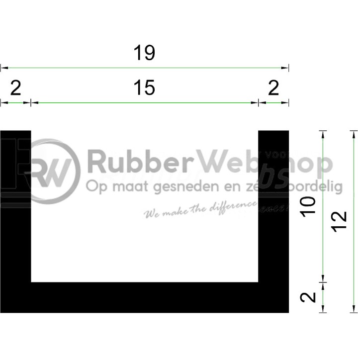 Volrubber U Profiel binnenmaat 15mm hoogte 12mm dikte 2mm