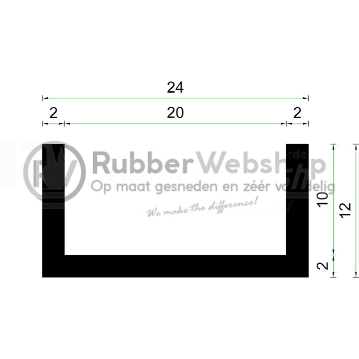 Volrubber U Profiel binnenmaat 20mm hoogte 12mm dikte 2mm