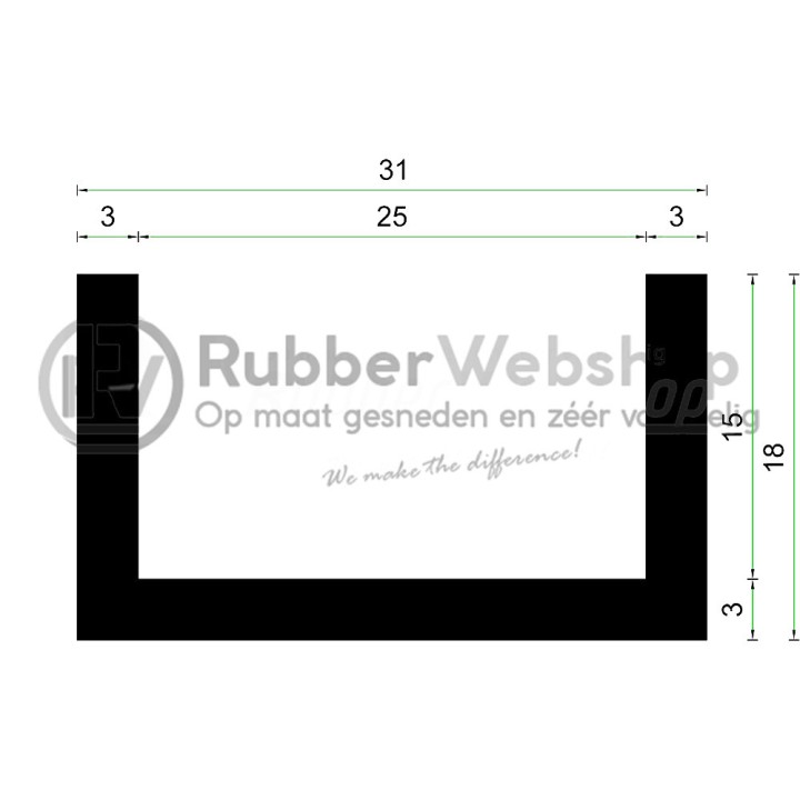 Volrubber U Profiel 25mm inwendig hoogte 18mm dikte 3mm